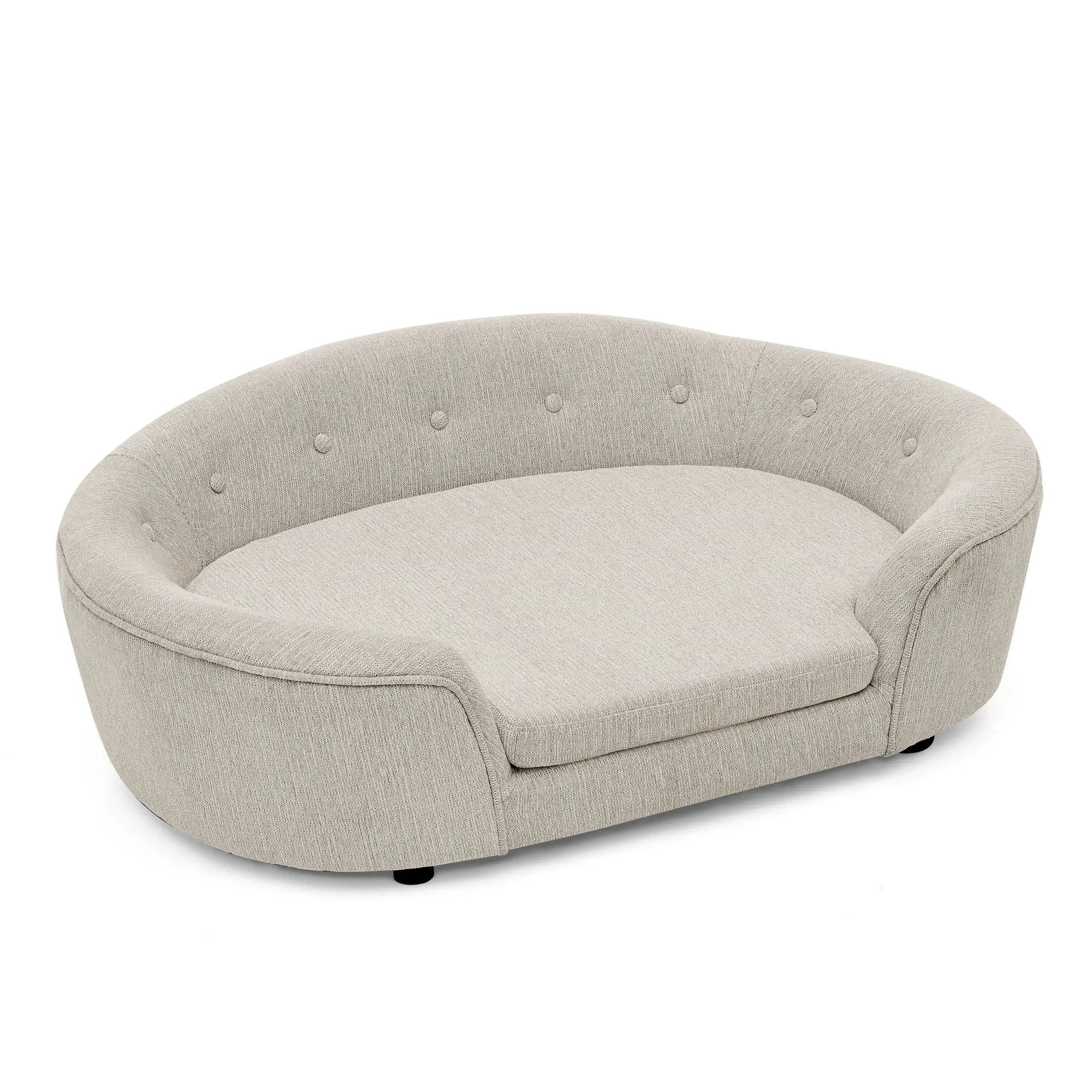 OVERSIZED Size Oval Semi-Enclosed Dog Sofa - Durable Linen Material, Button-Tufted Backrest, High-Center Low-Sides Support & Plush Comfort-Beige by HouseOfZazla