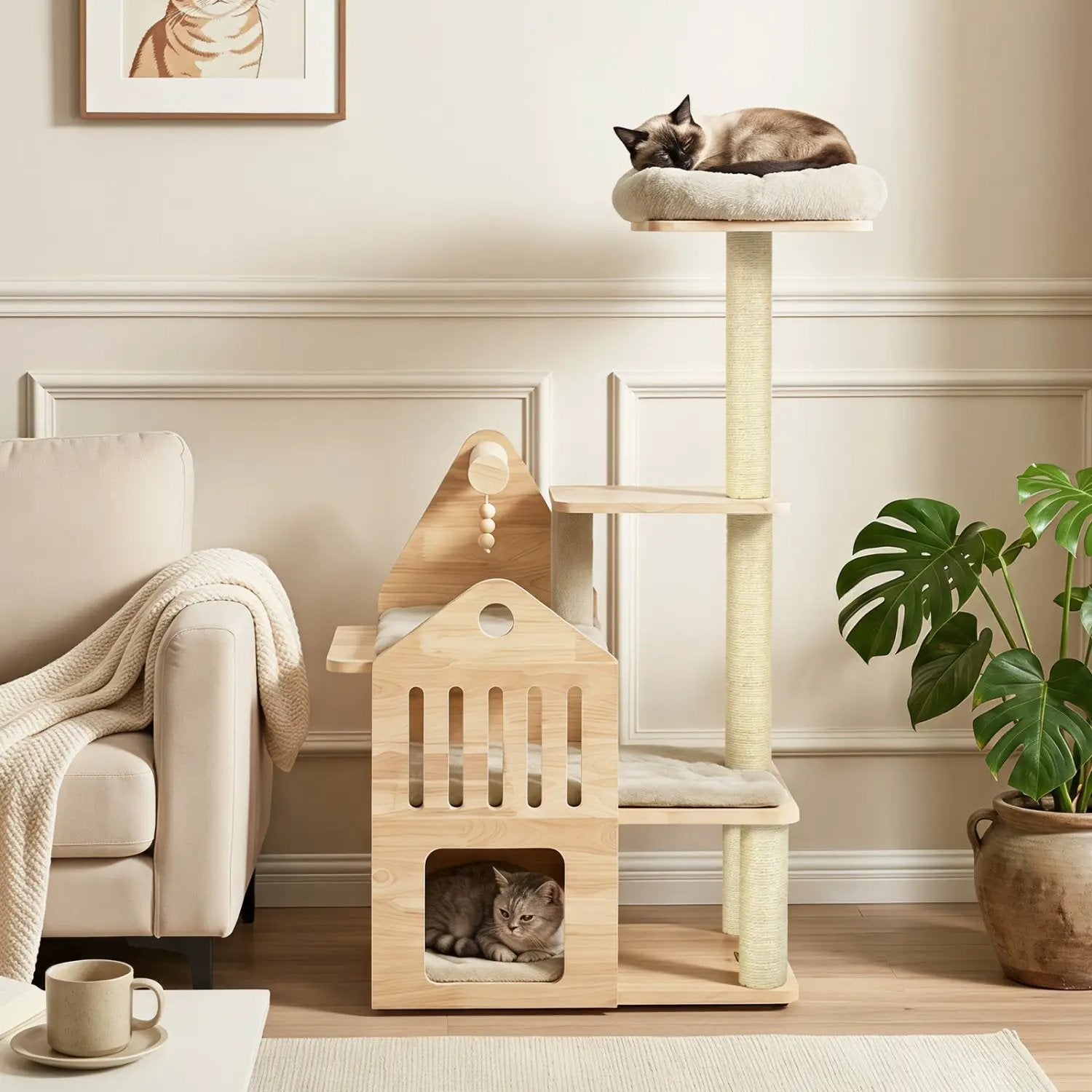 Multi-Level Solid Wood Cat Tree 48.5-inch in natural wood with condo and scratchers