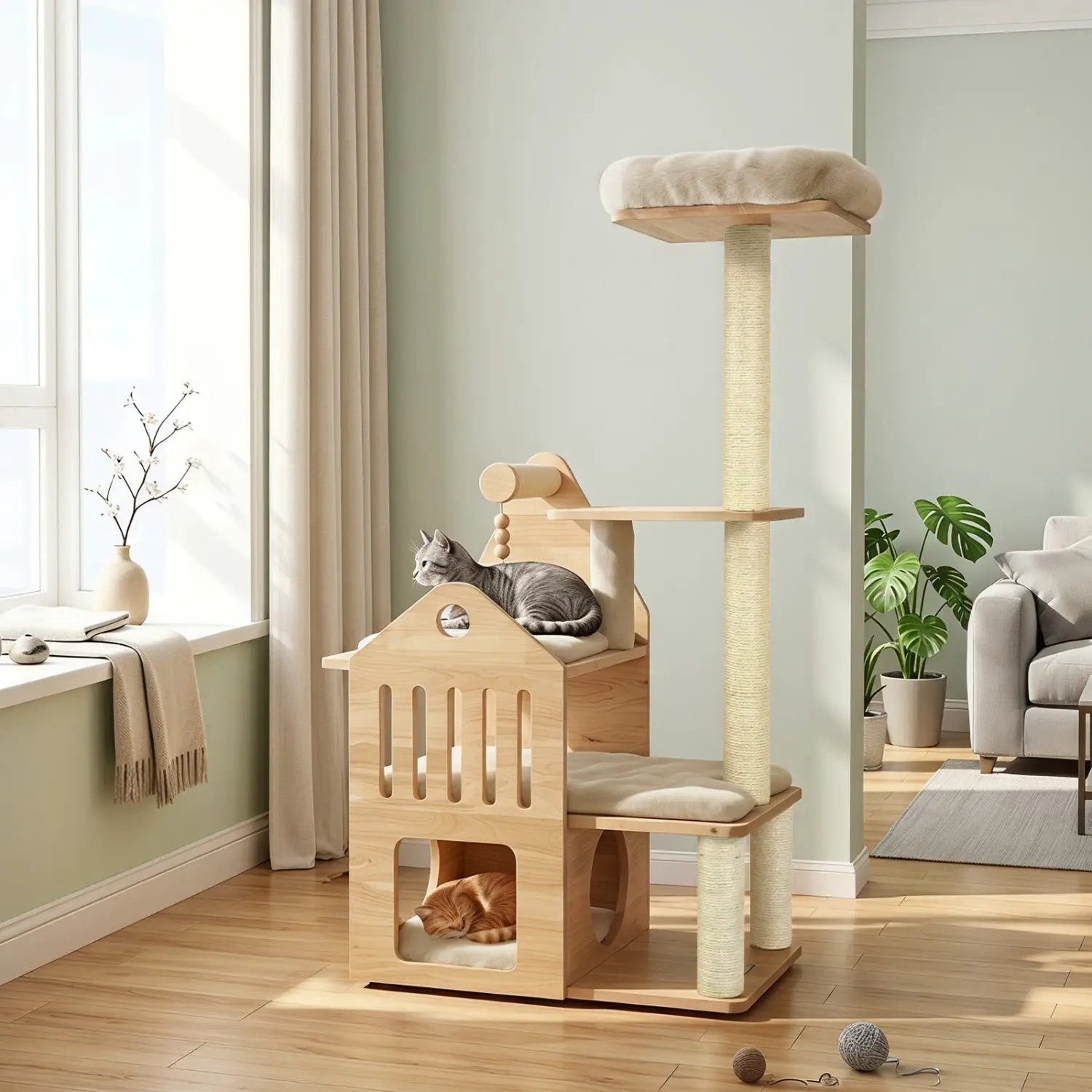 Multi-Level Solid Wood Cat Tree 48.5in with condo and scratchers; two cats