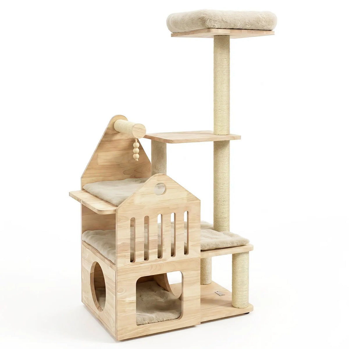 Multi-Level Solid Wood Cat Tree in natural wood, 48.5 in tall, with condo, scratching posts, and plush platforms.
