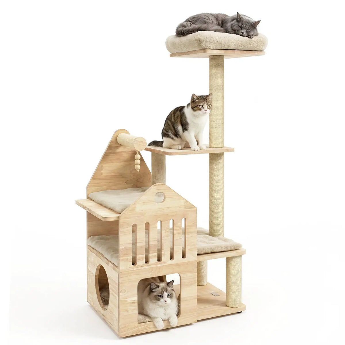 Cat Tree by DirectDeals, 48.5-inch natural solid wood with condo and scratchers; two cats.