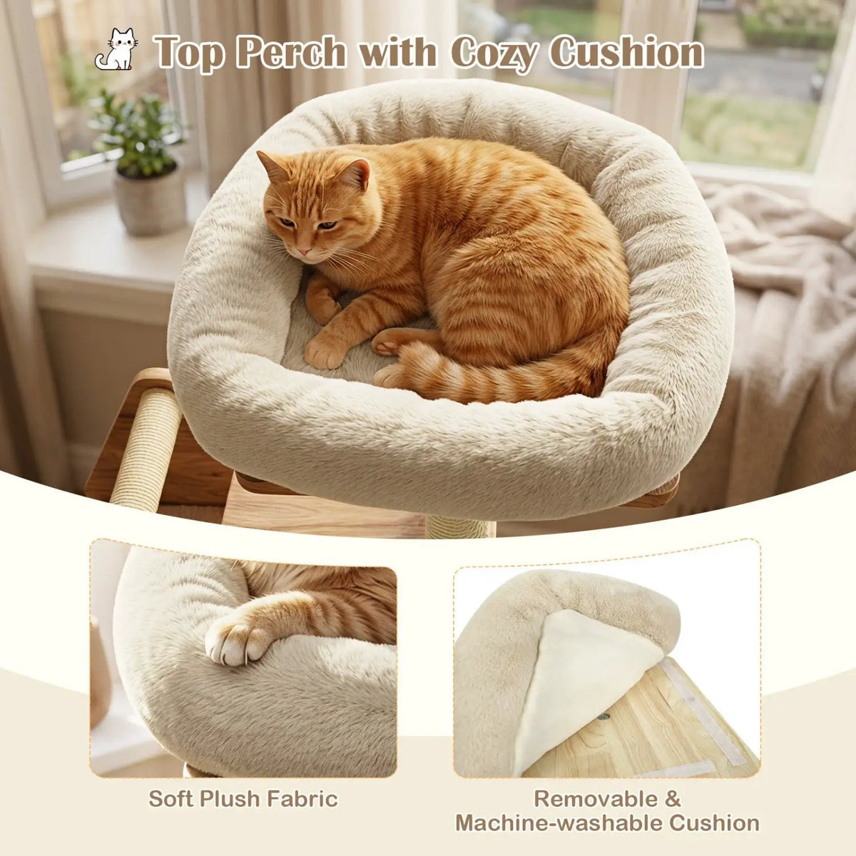 DirectDeals cat tree, solid wood, 48.5 inches tall, plush beige top perch with lounging orange cat