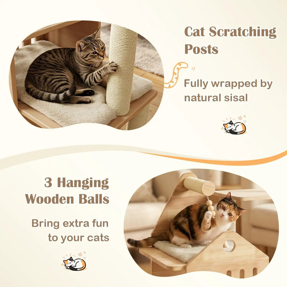 Cat Tree by DirectDeals, solid wood, 48.5-inch multi-level with condo and scratchers, natural sisal posts