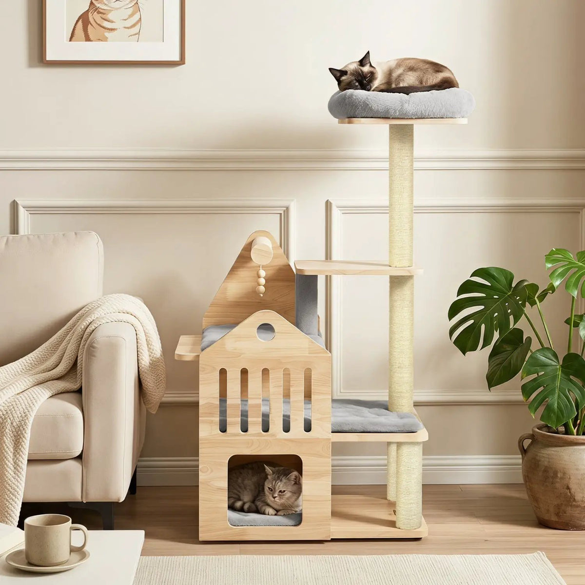 Cat Tree by DirectDeals, 48.5in solid wood multi-level with condo and scratchers; two cats visible