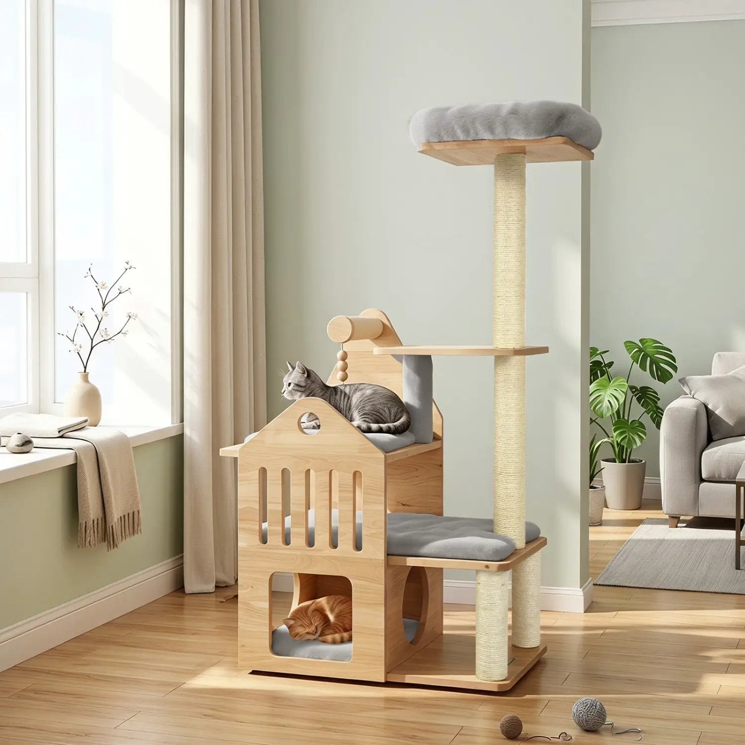 Multi-Level Solid Wood Cat Tree by DirectDeals with condo and scratchers, 48.5 inches tall
