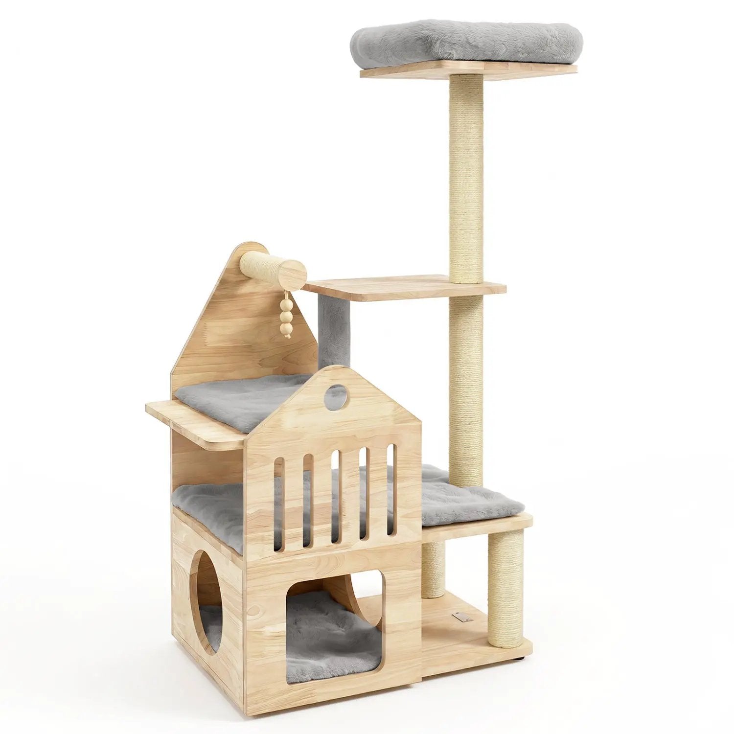 Multi-Level Solid Wood Cat Tree with condo and scratchers, 48.5 inches, gray cushions
