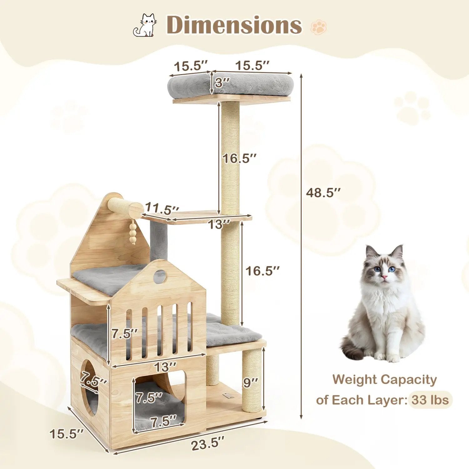 DirectDeals cat tree, multi-level solid wood with condo and scratchers, 48.5 inches tall