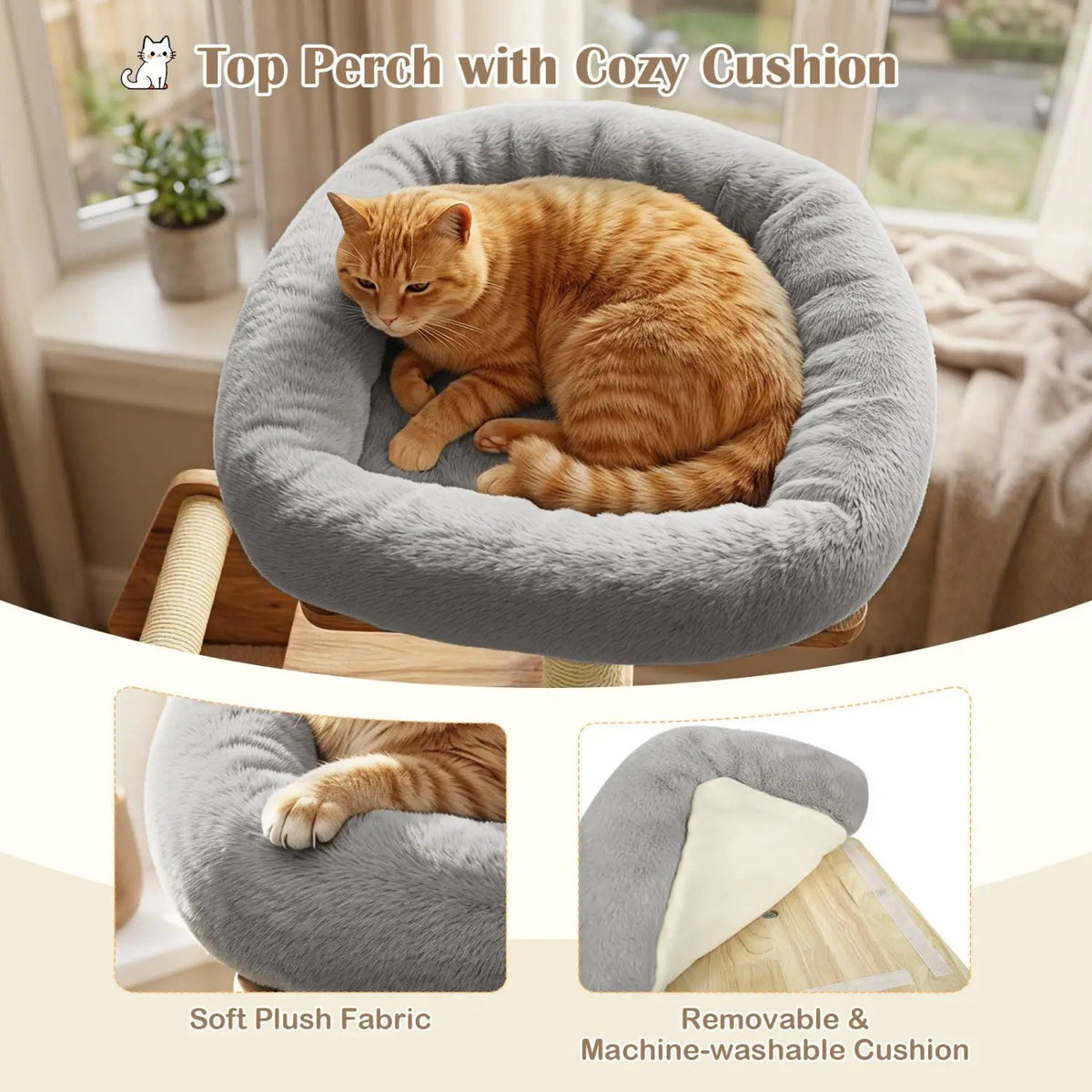 Multi-Level Solid Wood Cat Tree with gray plush cushion and orange cat on top by DirectDeals