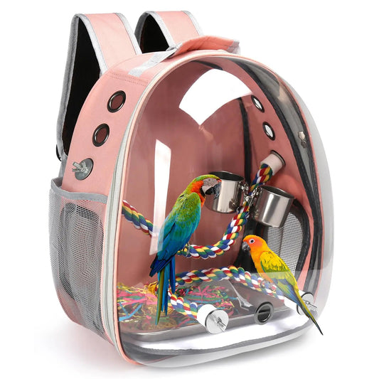 Bird Travel Backpack Carrier Bird Cage for Small Medium Size Bird Parakeet Budgies Cockatiel Space Capsule Clear Bubble Window with Stainless Steel Tray Food Bolw Standing Perch (Pink) - from For Animals, With Love
