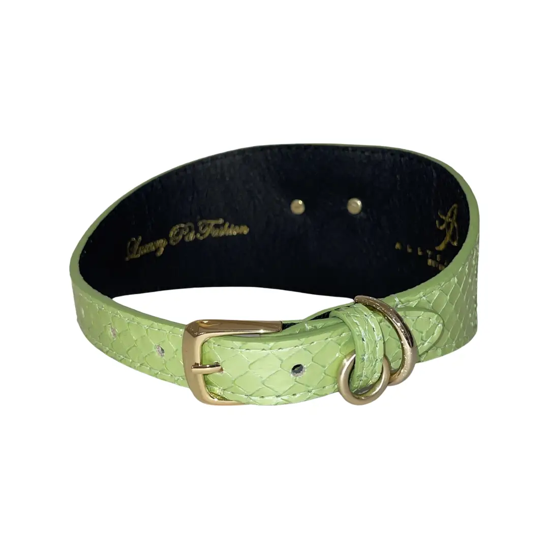 Sea Anemone Pearl Green Snake Wide Collar with rhinestone crab accessory by Allysa Payne Beverly Hills, gold buckle
