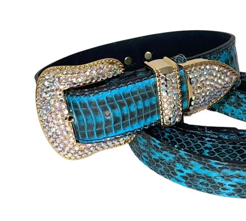 Snake collar & leash set in turquoise snake-print leather with Swarovski crystal hardware, by Allysa Payne Beverly Hills