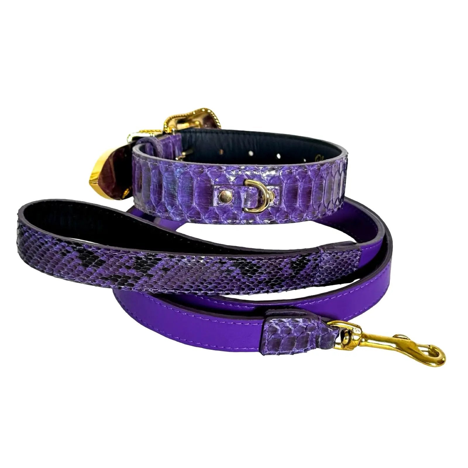 Amethyst Royale Python Set purple snakeskin dog collars with gold hardware and matching leash