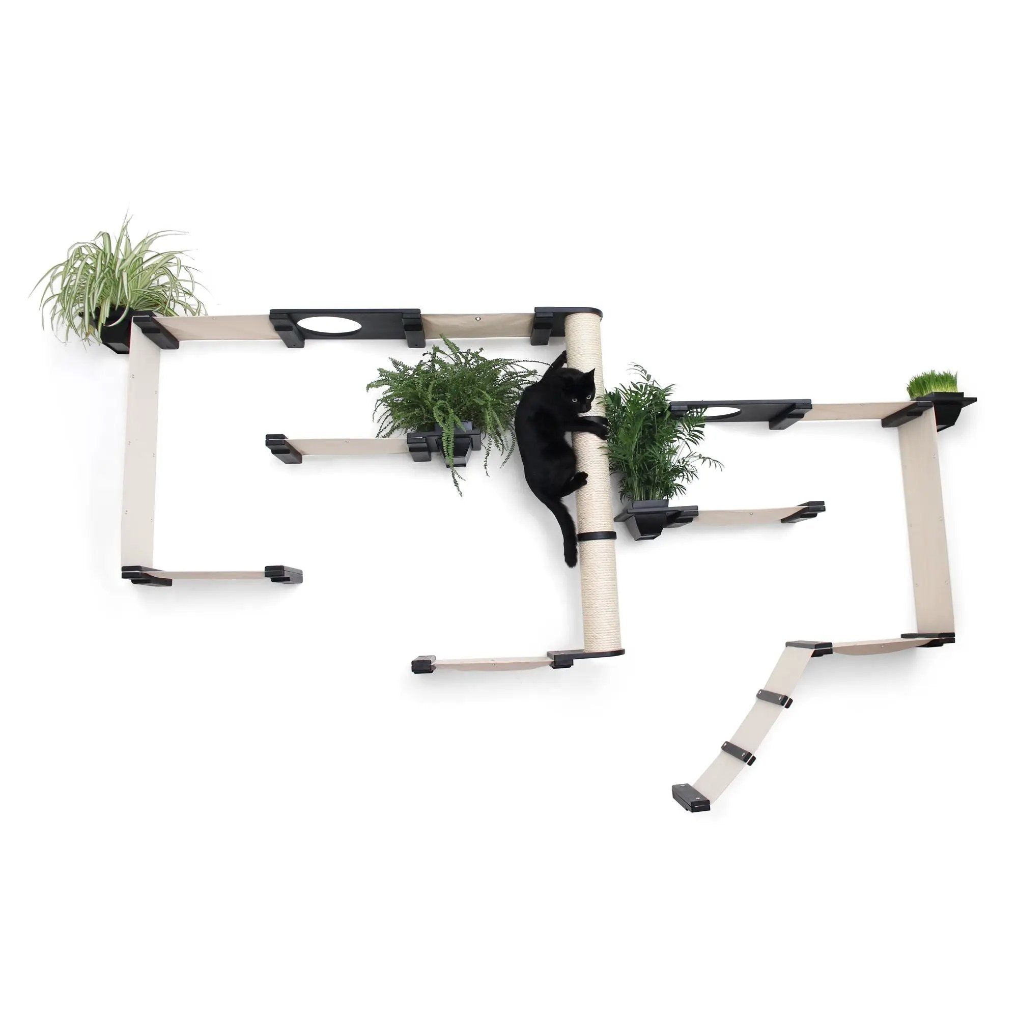 The Gardens Modern Cat Tree with Plants by Catastrophic Creations; light wood cat condo with greenery.