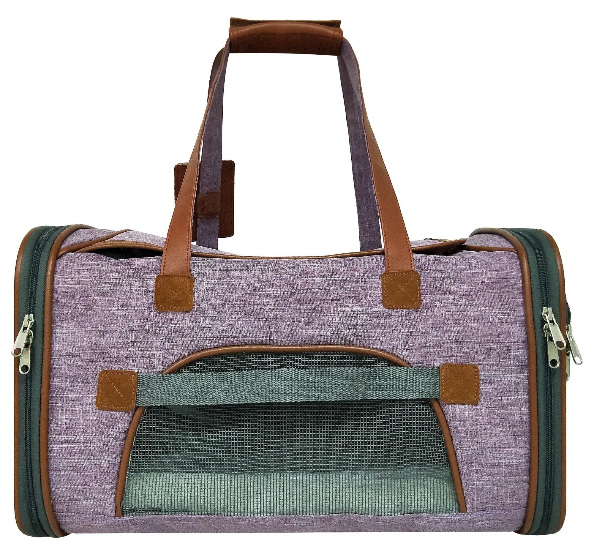 Mr. Peanut's Gold Series V2.0 Pet Carrier, purple fabric with brown faux‑leather trim, air travel approved.