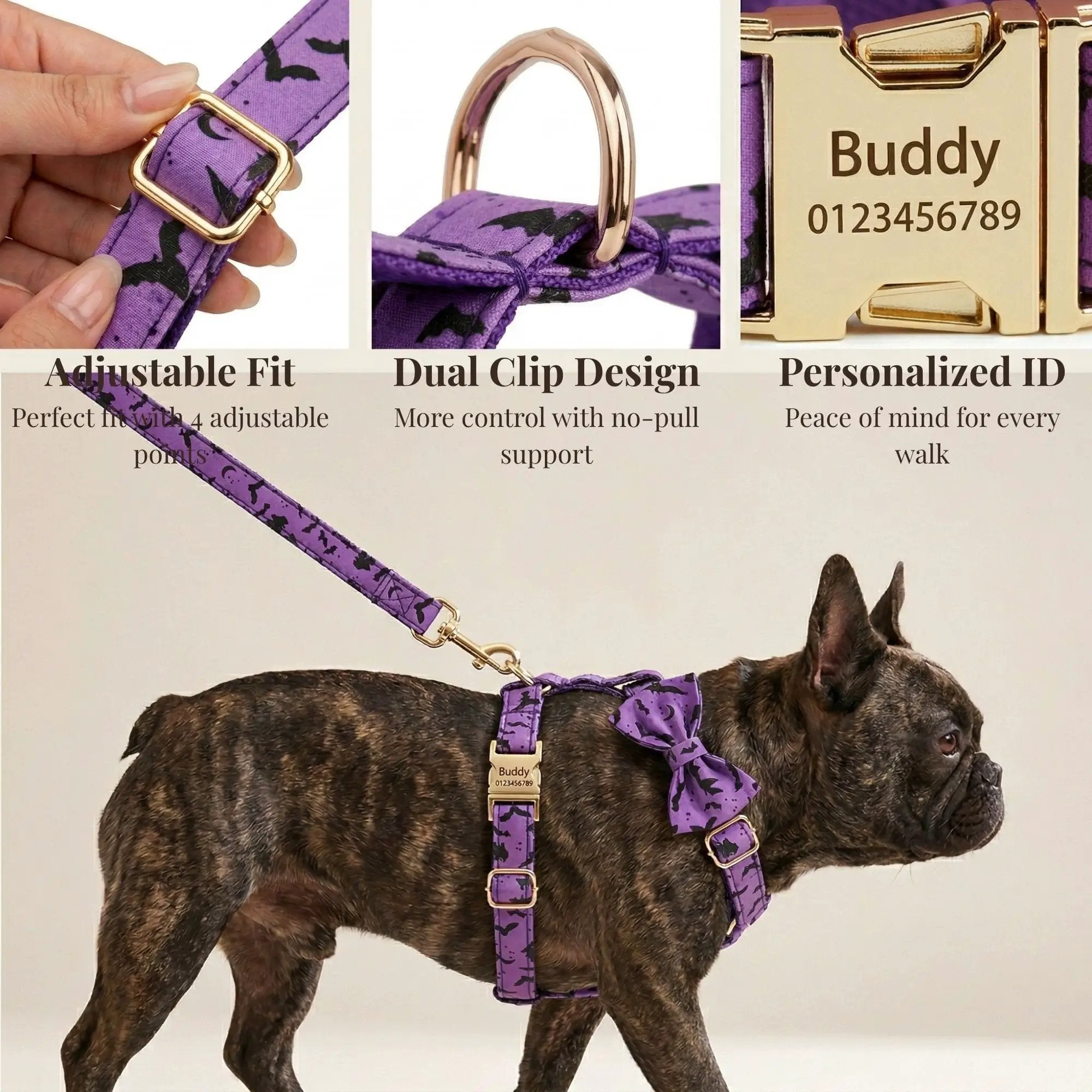 Luxe Pet Gear Halloween Classic Violet Print No Pull Harness With Matching Collar Leash And Bow Tie Set by DDPaws