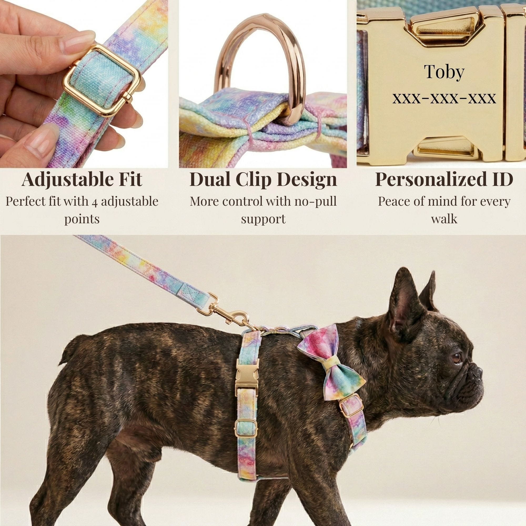 Premium Dreamy Rainbow Print Set Complete Three Piece Dog Harness Collar Leash Collection by DDPaws