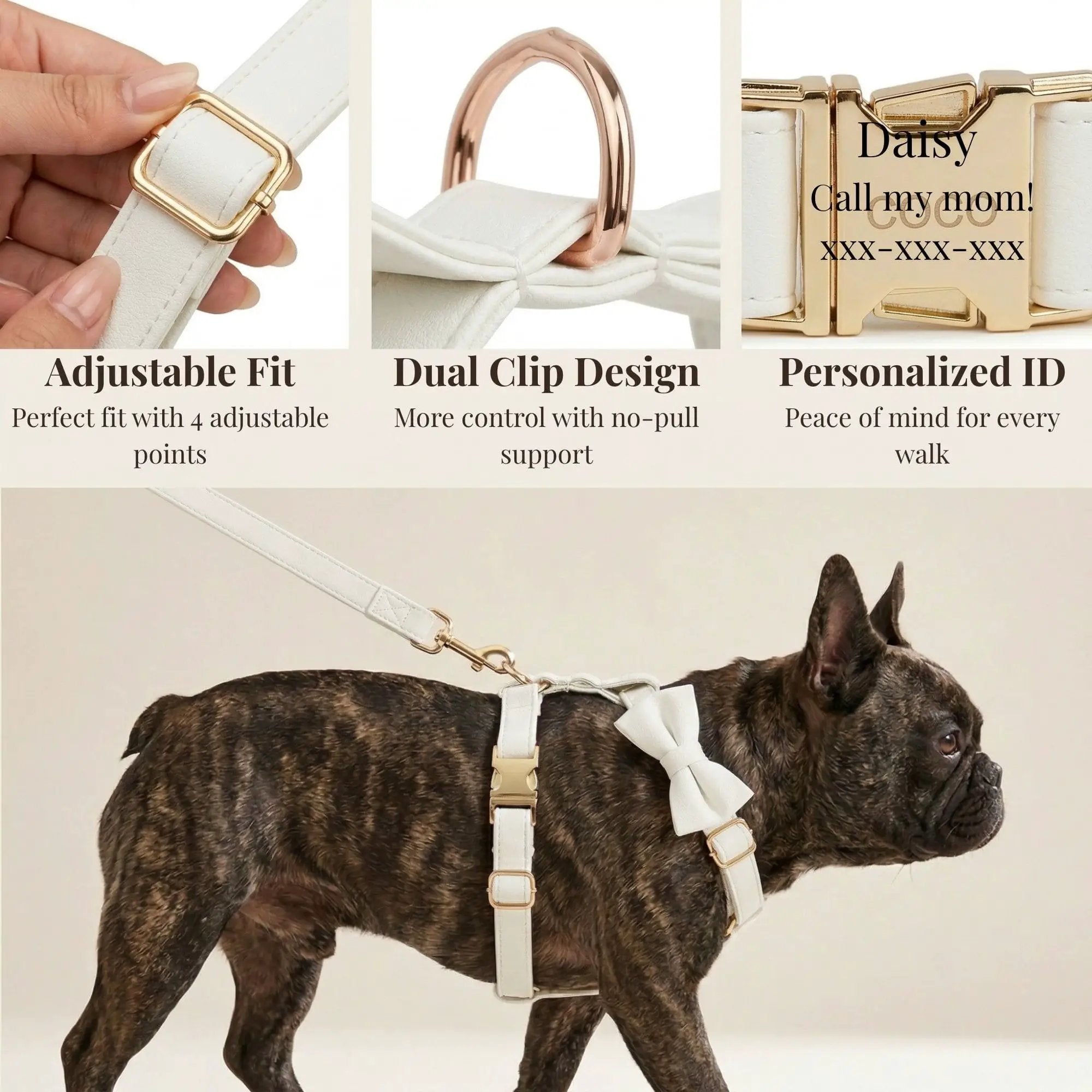 Classic Elegance White Premium Leather Dog Walking Collar Leash Set by DDPaws