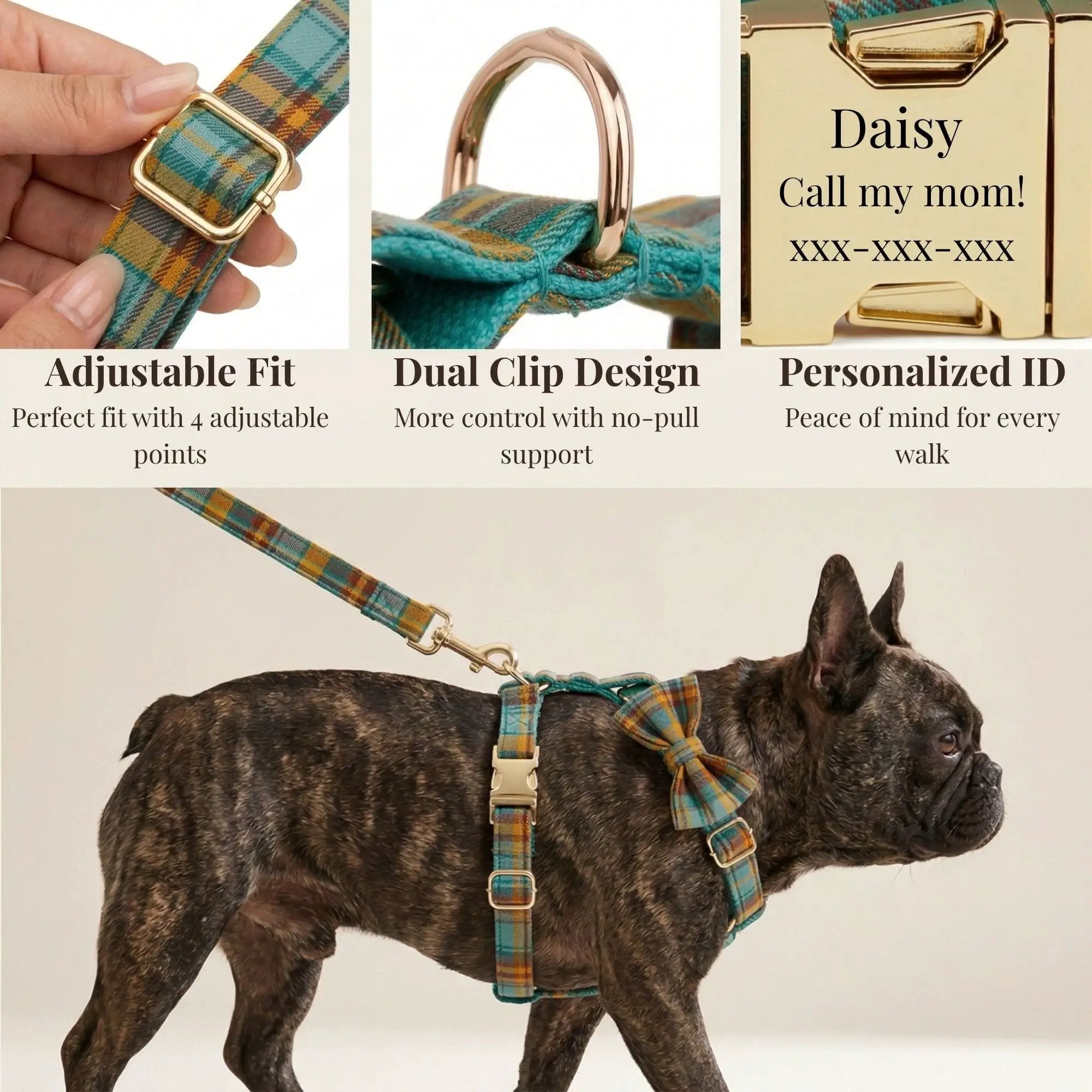 Autumn Blue Plaid Custom No Pull Dog Harness Collar Leash Bow Tie Set With Waste Bag Holder by DDPaws