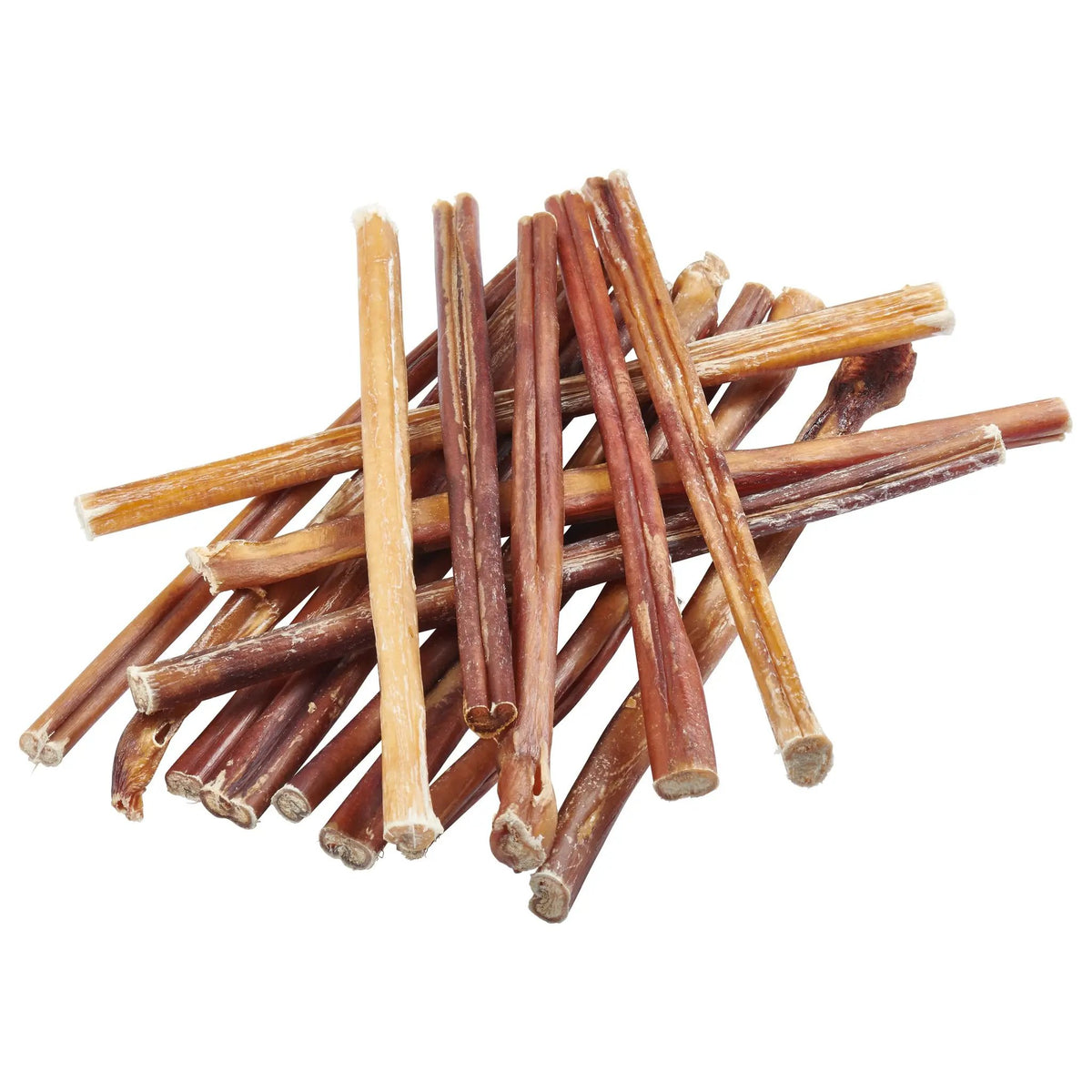 EcoKind beef bully sticks arranged in a pile, showing varied brown tones and thicknesses