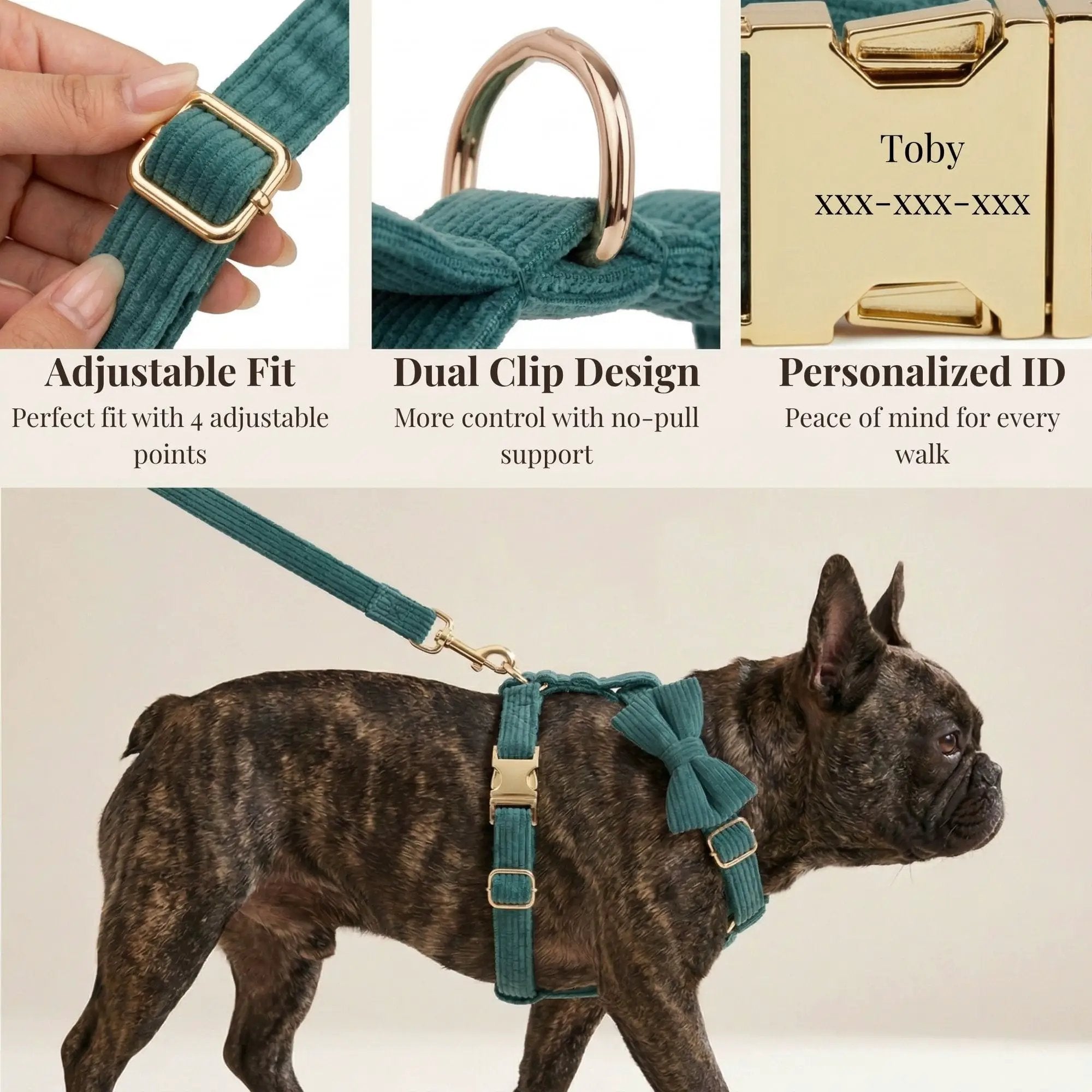 Personalized Dark Green Corduroy Harness Collar Leash No Pull Set by DDPaws
