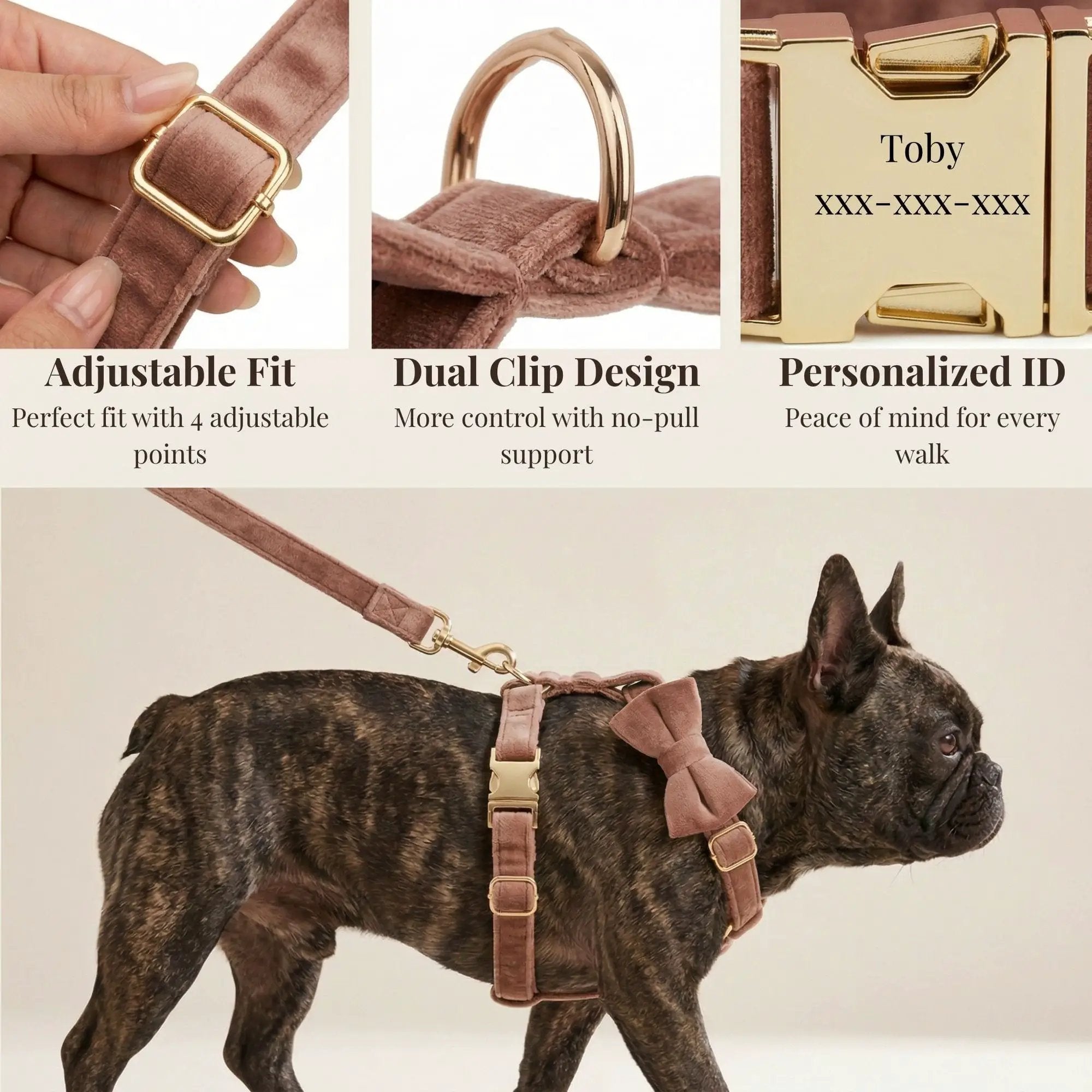 Dusty Pink Velvet Dog Harness And Leash Set Custom Engraved No Pull by DDPaws