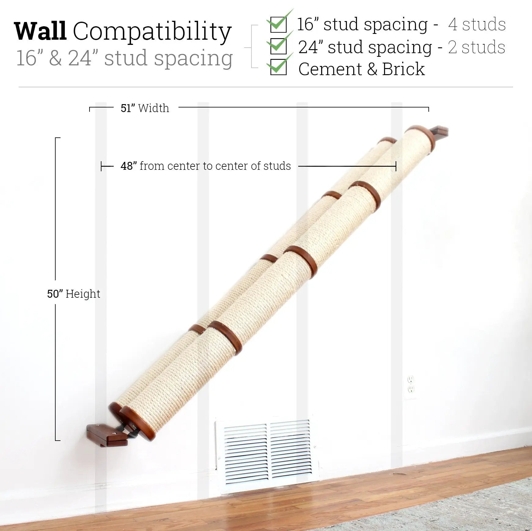 Slanted wall-mounted cat scratcher with beige sisal-wrapped posts and brown end caps.