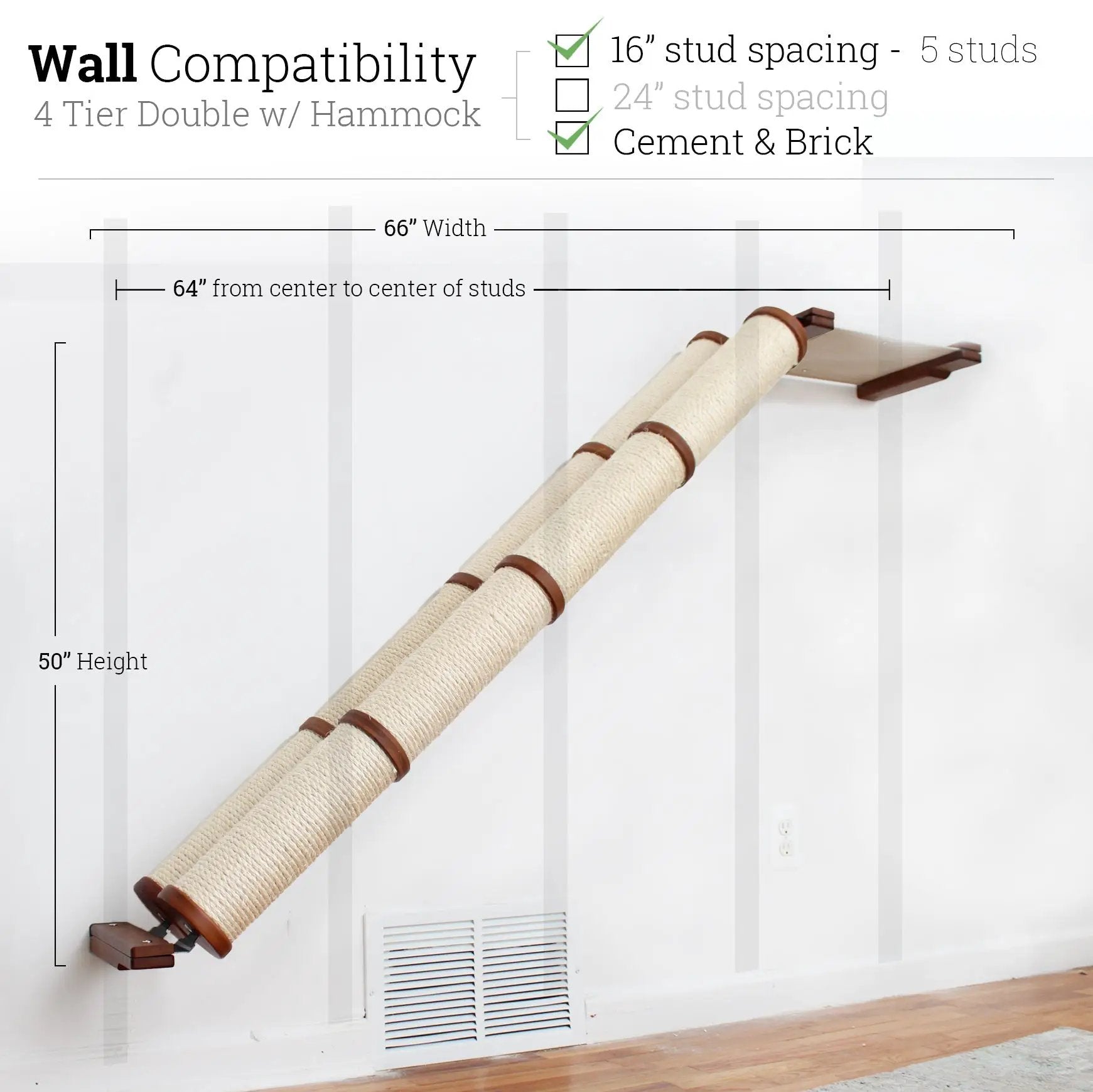 Slanted Cat Scratcher for Wall with beige sisal rope and brown wood mounting brackets, wall-mounted.