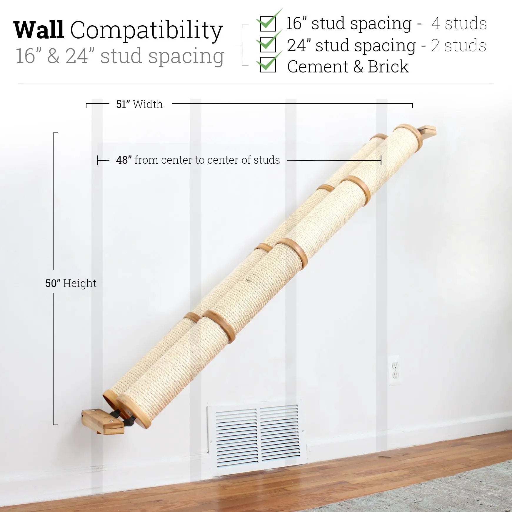 Slanted cat scratcher wall mount with natural sisal rope and wooden ends.