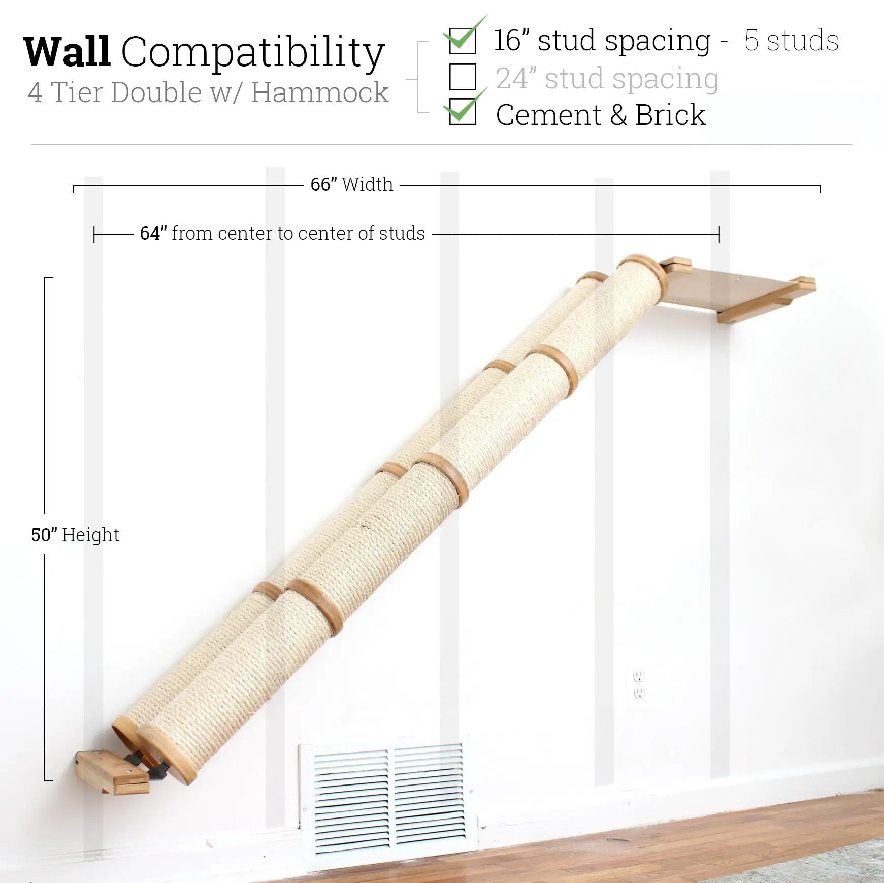 Slanted Cat Scratcher for Wall, beige sisal rope with wood end caps, wall-mounted