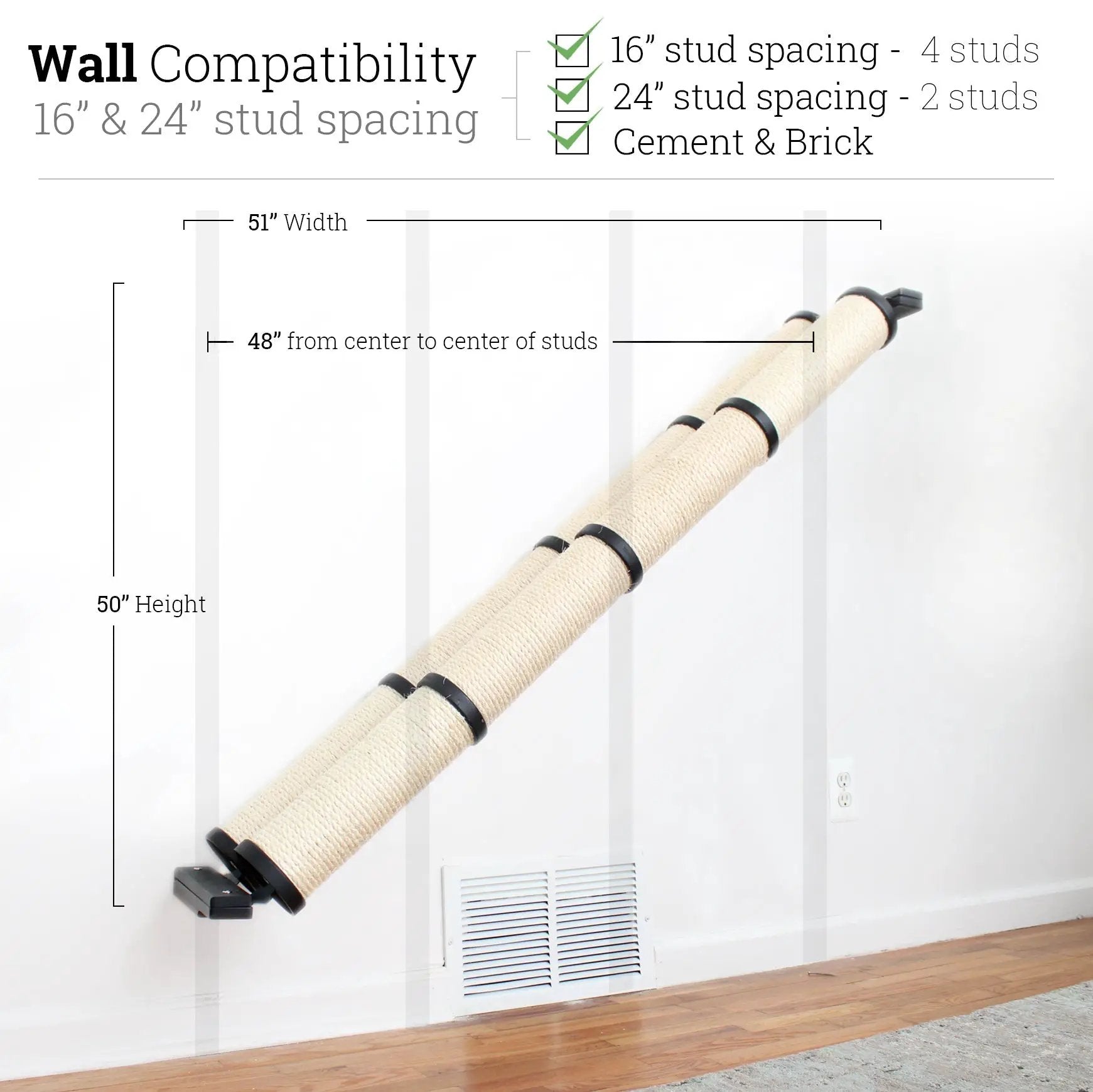 Slanted cat scratcher for wall by Catastrophic Creations, beige sisal with black end caps.