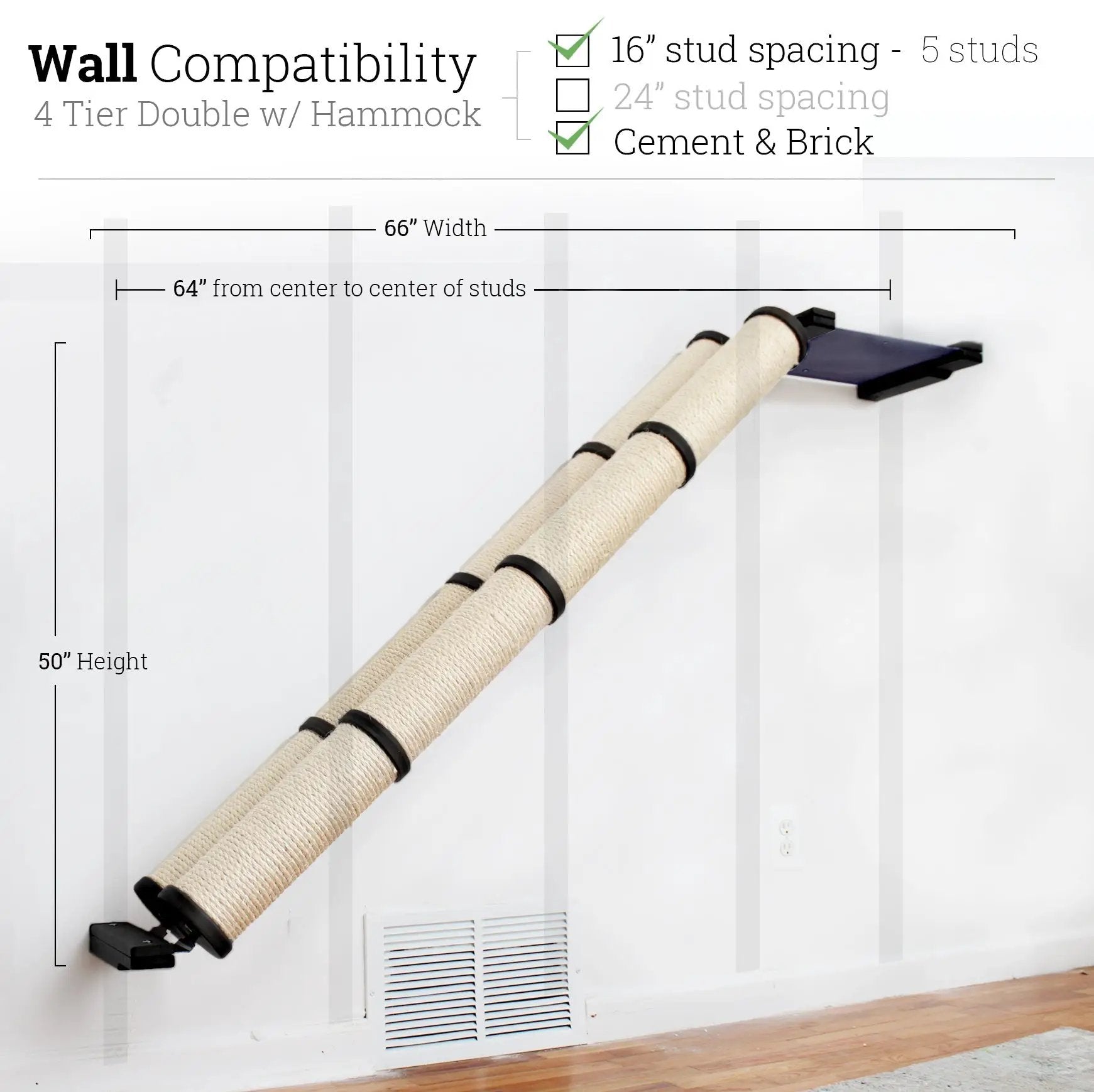 Slanted cat scratcher for wall with beige sisal ramp and black wall brackets