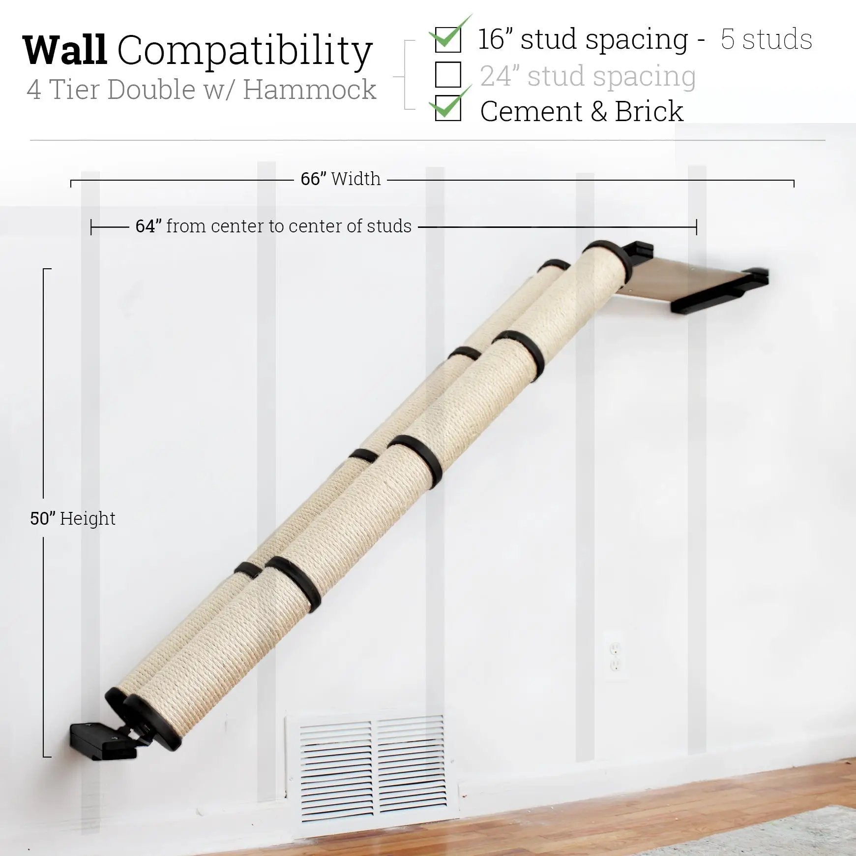Slanted Cat Scratcher for Wall with beige sisal wrap and black mounting brackets
