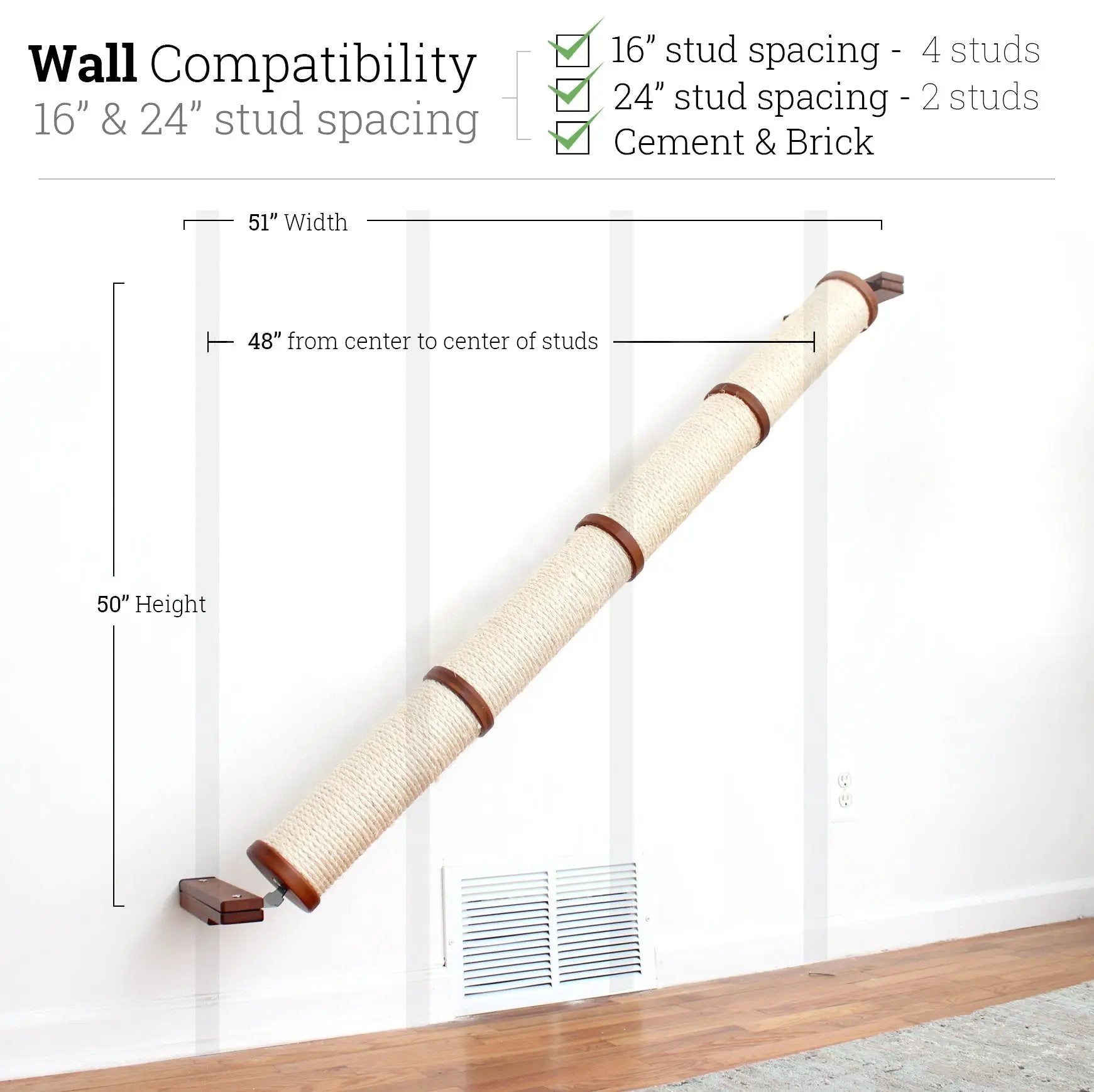 Slanted Cat Scratcher for Wall, beige sisal-wrapped ramp with brown end caps
