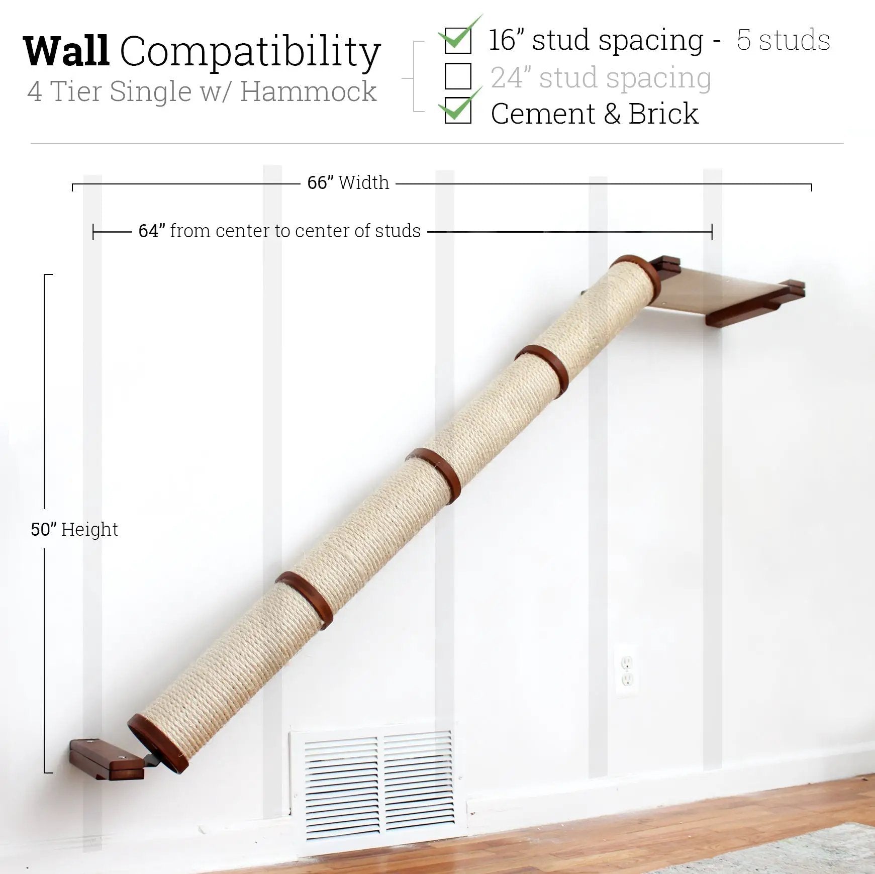 Slanted Cat Scratcher for Wall by Catastrophic Creations, beige sisal post mounted on wall with brown wood brackets
