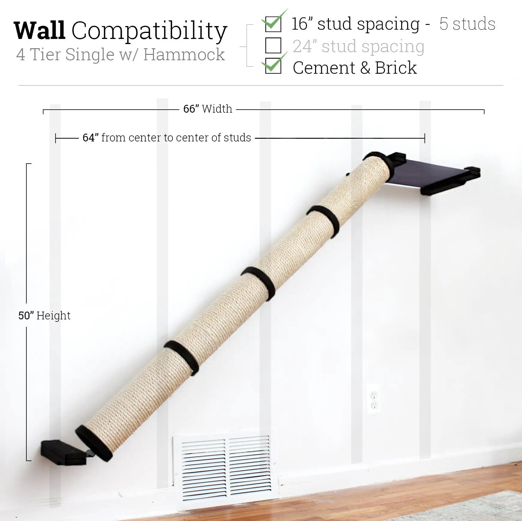 Slanted Cat Scratcher for Wall by Catastrophic Creations; beige sisal post with black end caps and wall-mount platform.