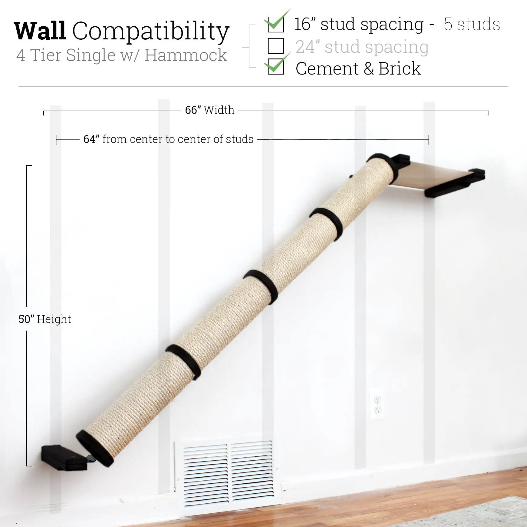 Slanted Cat Scratcher for Wall by Catastrophic Creations, beige sisal rope on wall-mounted black brackets