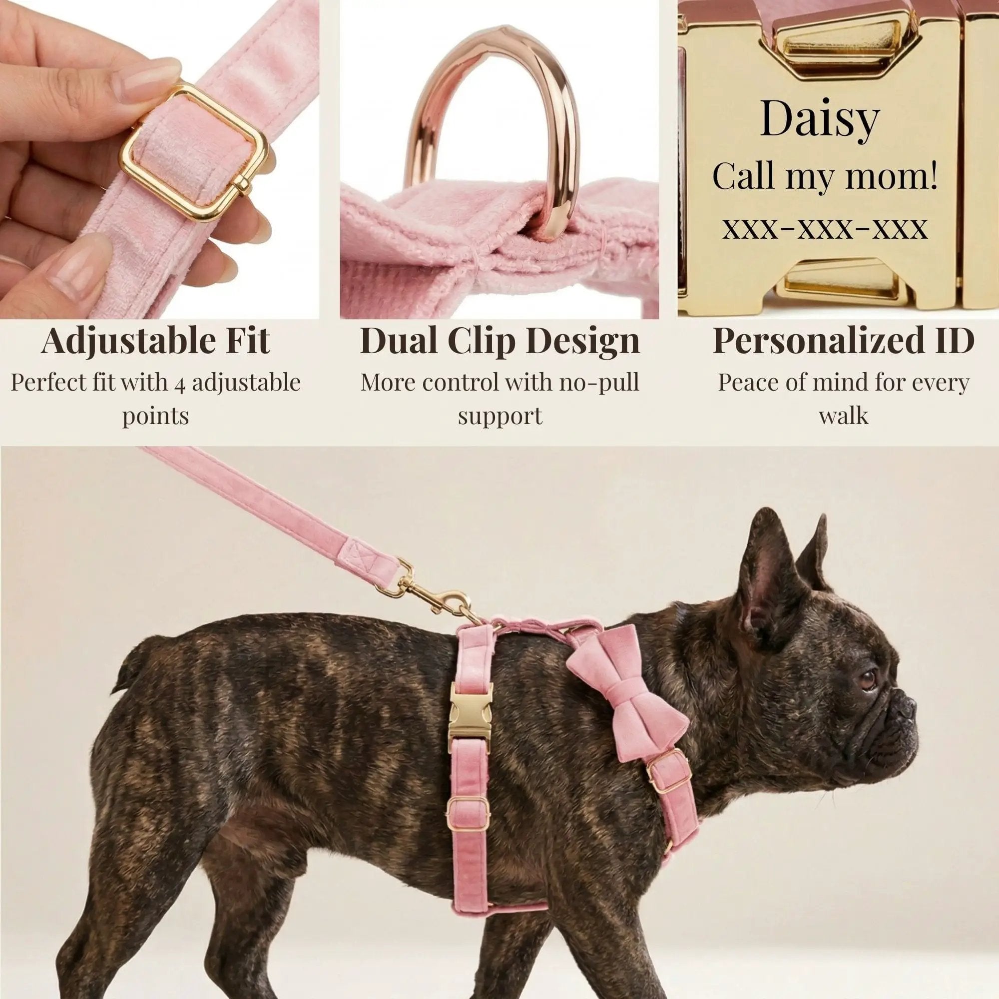 Pink Velvet Dog Harness And Leash Set Personalized Soft Durable Fit by DDPaws