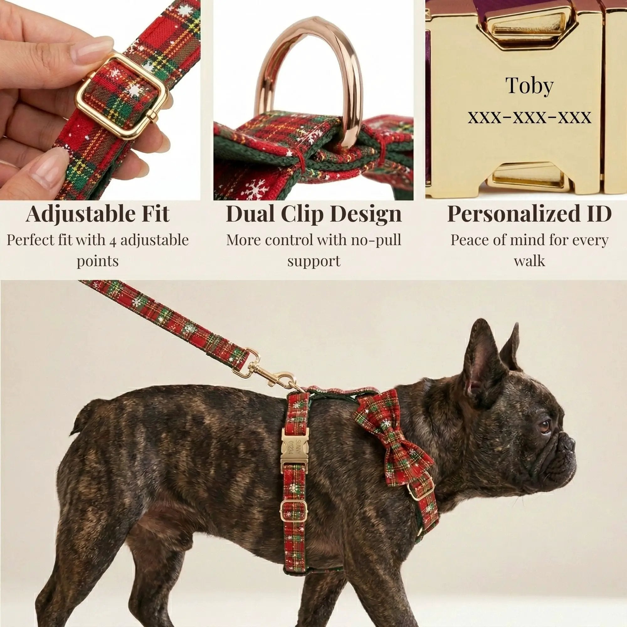 Festive Pets Christmas Plaid No Pull Dog Harness Set Collar Leash Personalized Engraved Buckle Tailored Fit by DDPaws