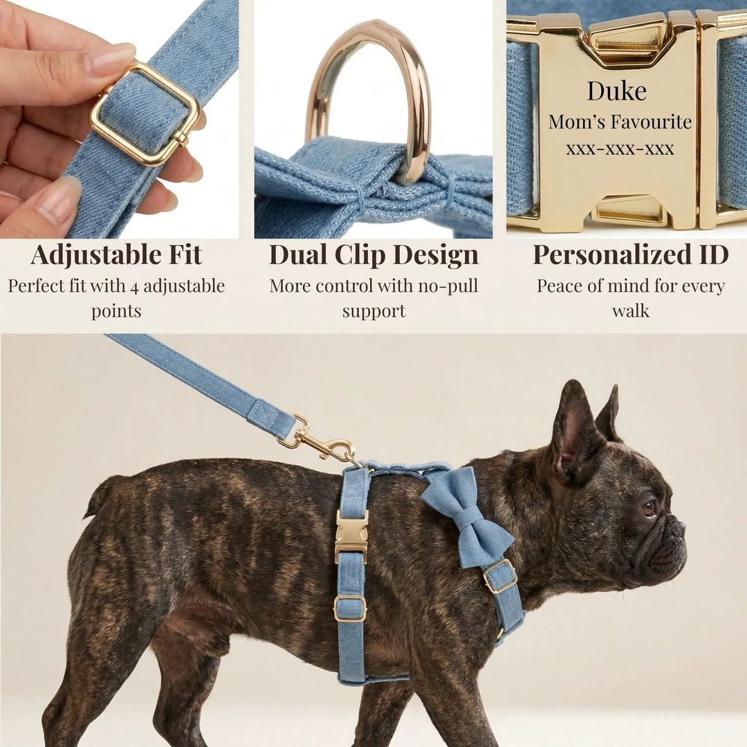 Luxury Blue Denim Dog Harness Leash Bow Tie Set Personalized Buckle by DDPaws