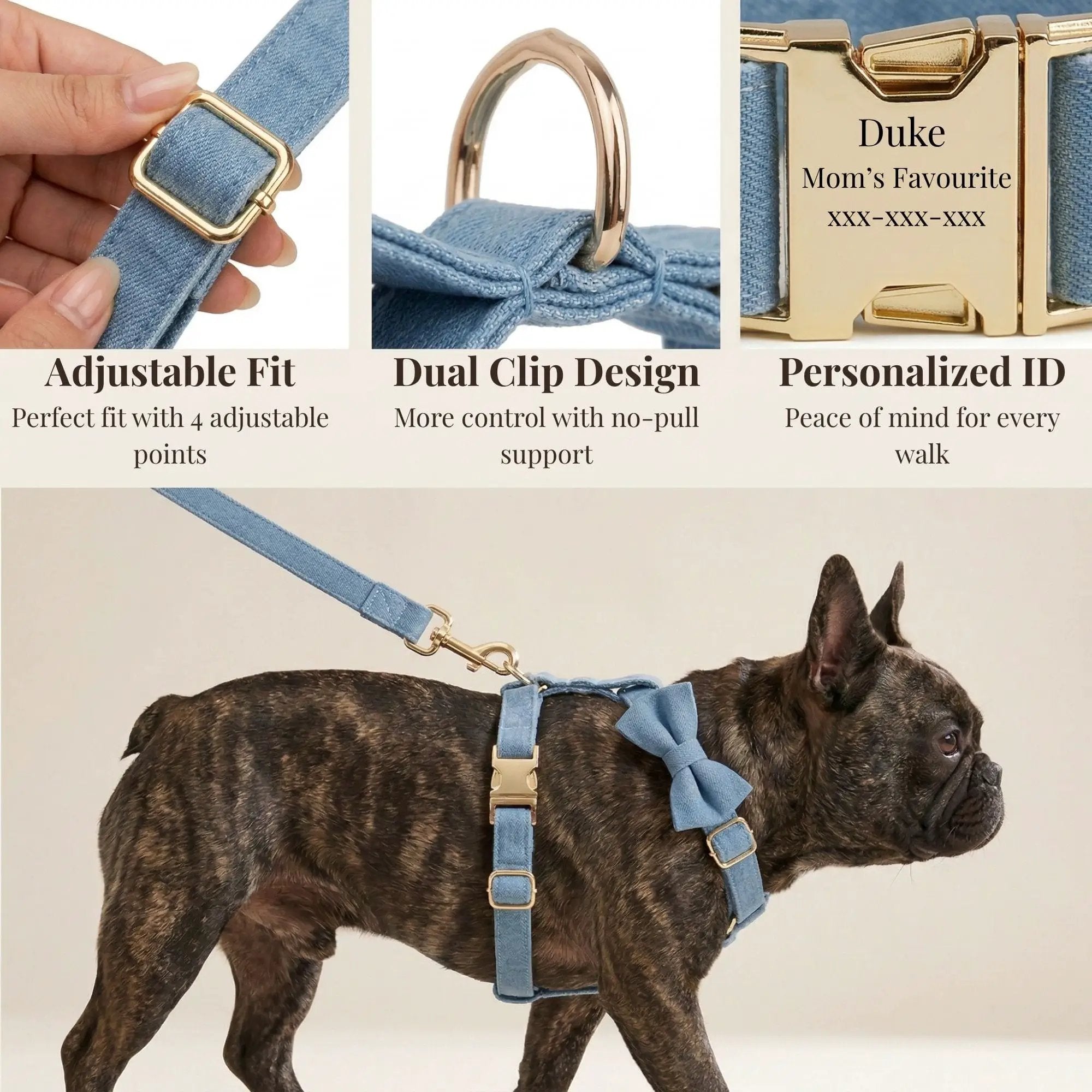 Luxury Blue Denim Dog Harness Leash Bow Tie Set Personalized Buckle by DDPaws