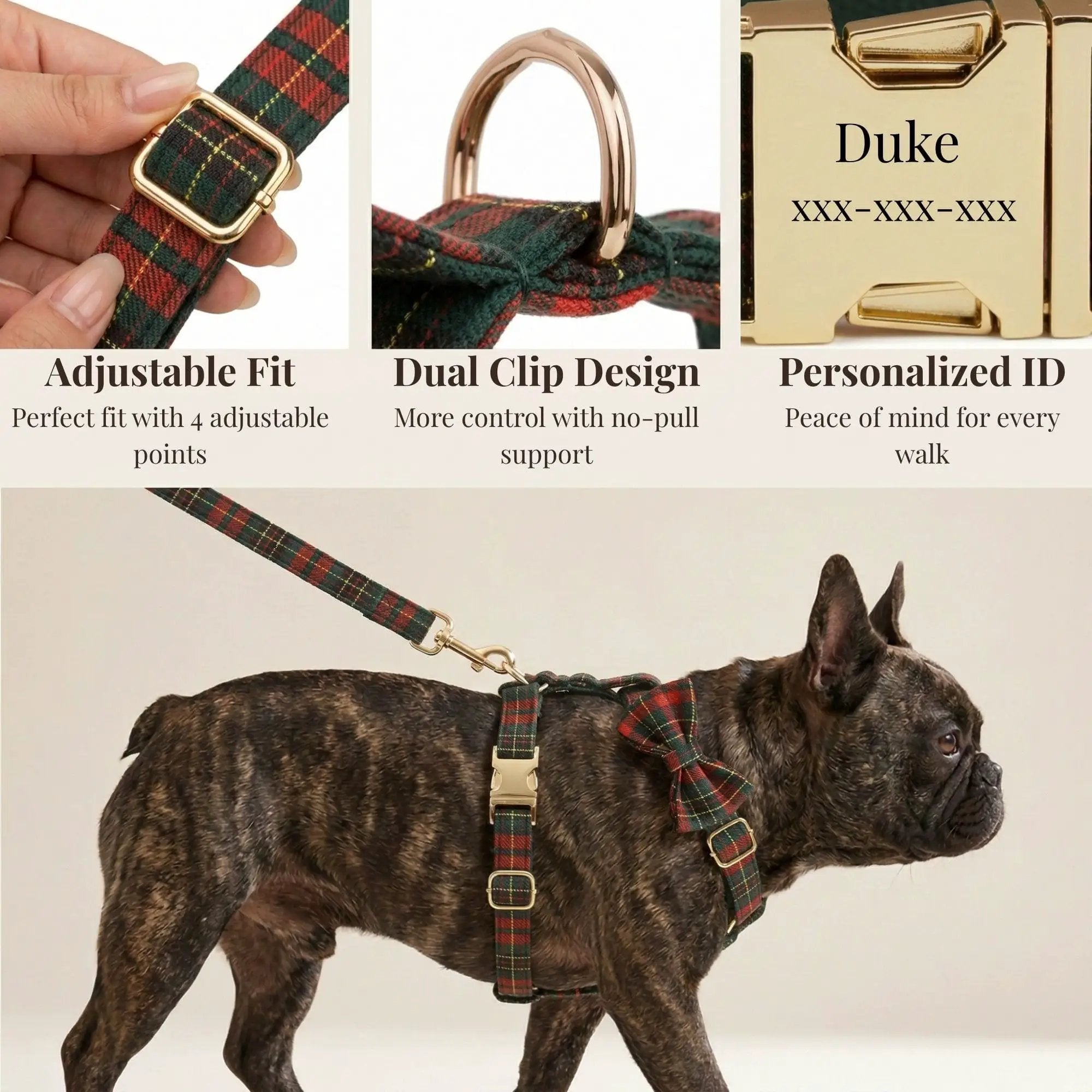 Red Tartan Christmas No Pull Dog Harness Set With Leash Personalized by DDPaws