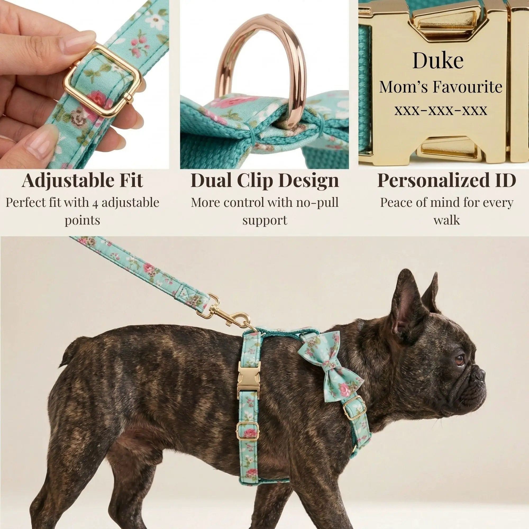 Blue Blossom Floral Harness Lead Set 3 Piece Kit With Removable Bow by DDPaws