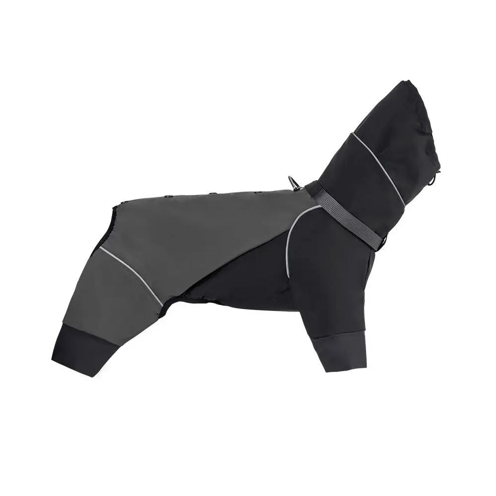 Spring Dog Rainproof Jacket by SOCKPET, black and gray waterproof coat with reflective trim.