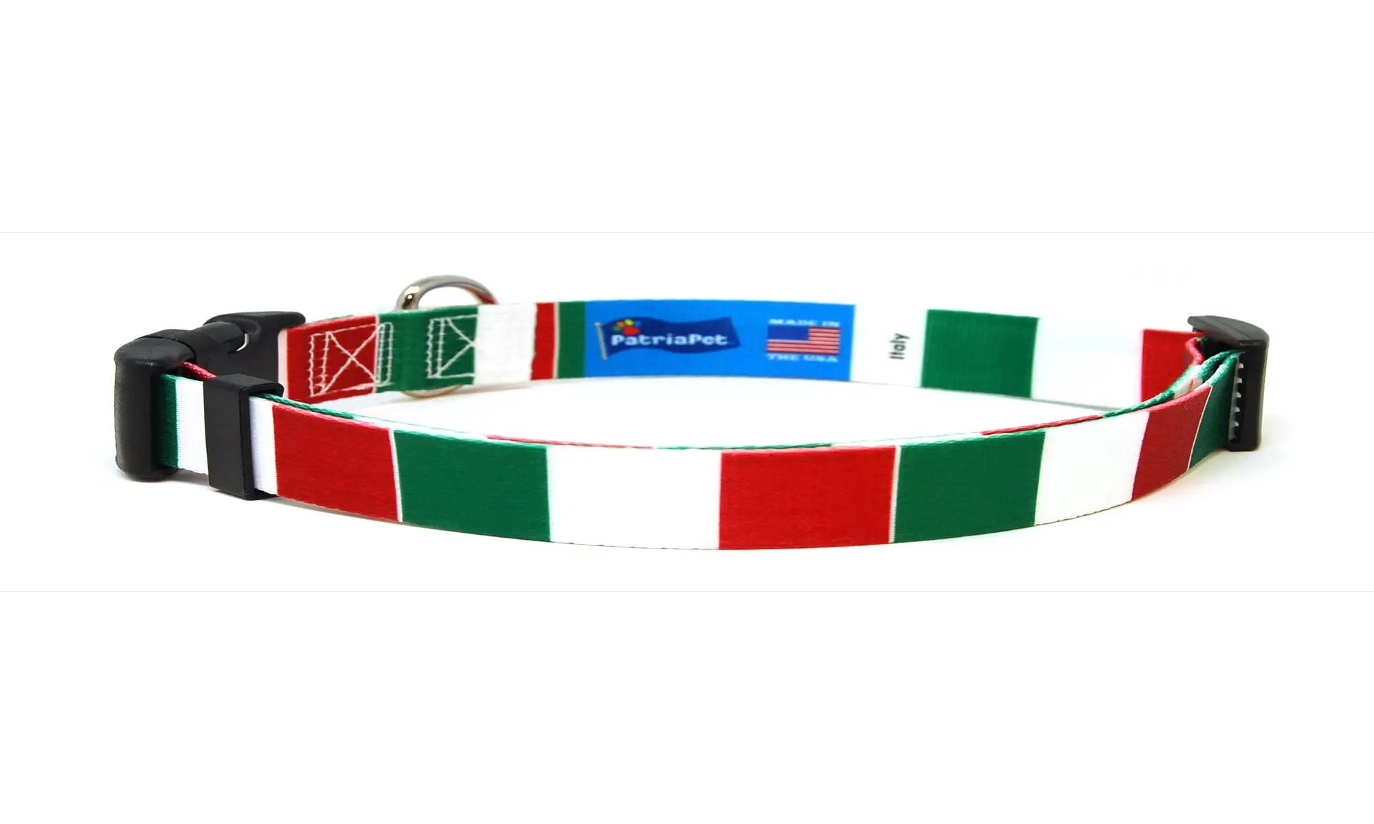 Breakaway cat collar in Italian flag stripes with PatriaPet label.