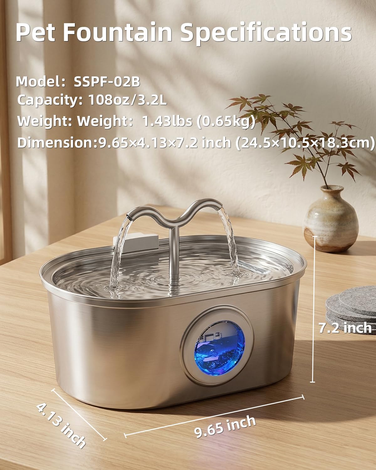 Supplier dimensions for the 3.2 L dual-spout fountain