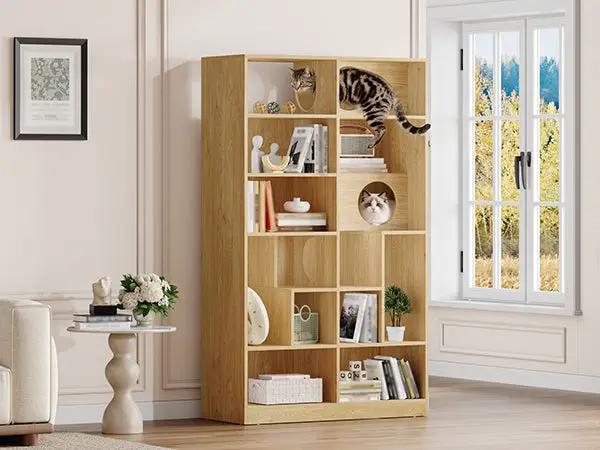 Sangria Beech modern 2-in-1 wooden cat house bookshelf with cat-tree display cabinet in natural wood finish