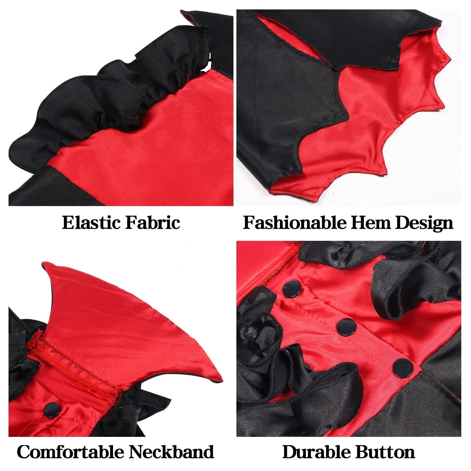 Cat Halloween Vampire Transformation Costume by Pet Zen; red and black elastic fabric with ruffle hem and durable buttons.