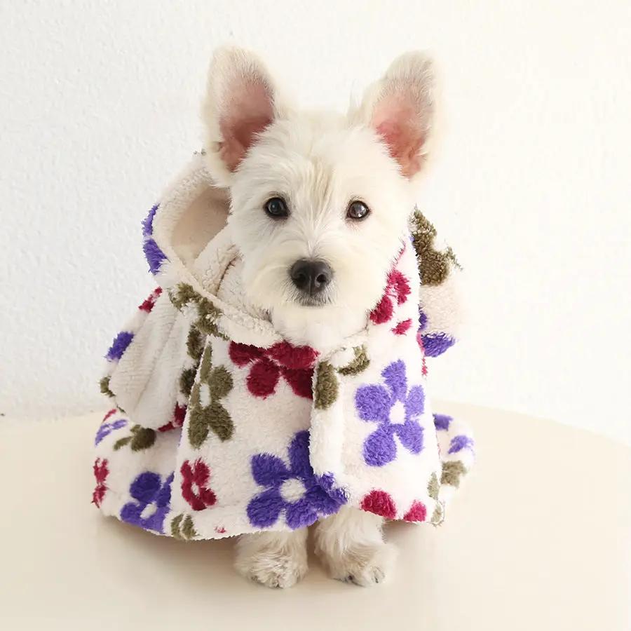 Small Dog Flannel Cape Towel by SOCKPET, white cape with purple, pink and olive floral pattern.