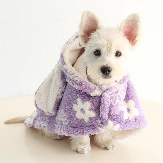 Small Dog Flannel Cape Towel SOCKPET lavender cape with white flower pattern