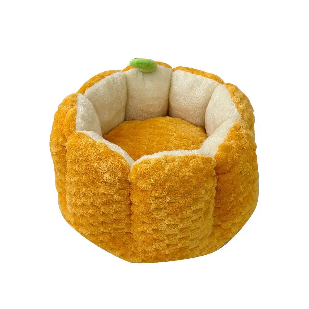 Pumpkin Nest plush pet bed, orange exterior with cream interior, cozy round nest